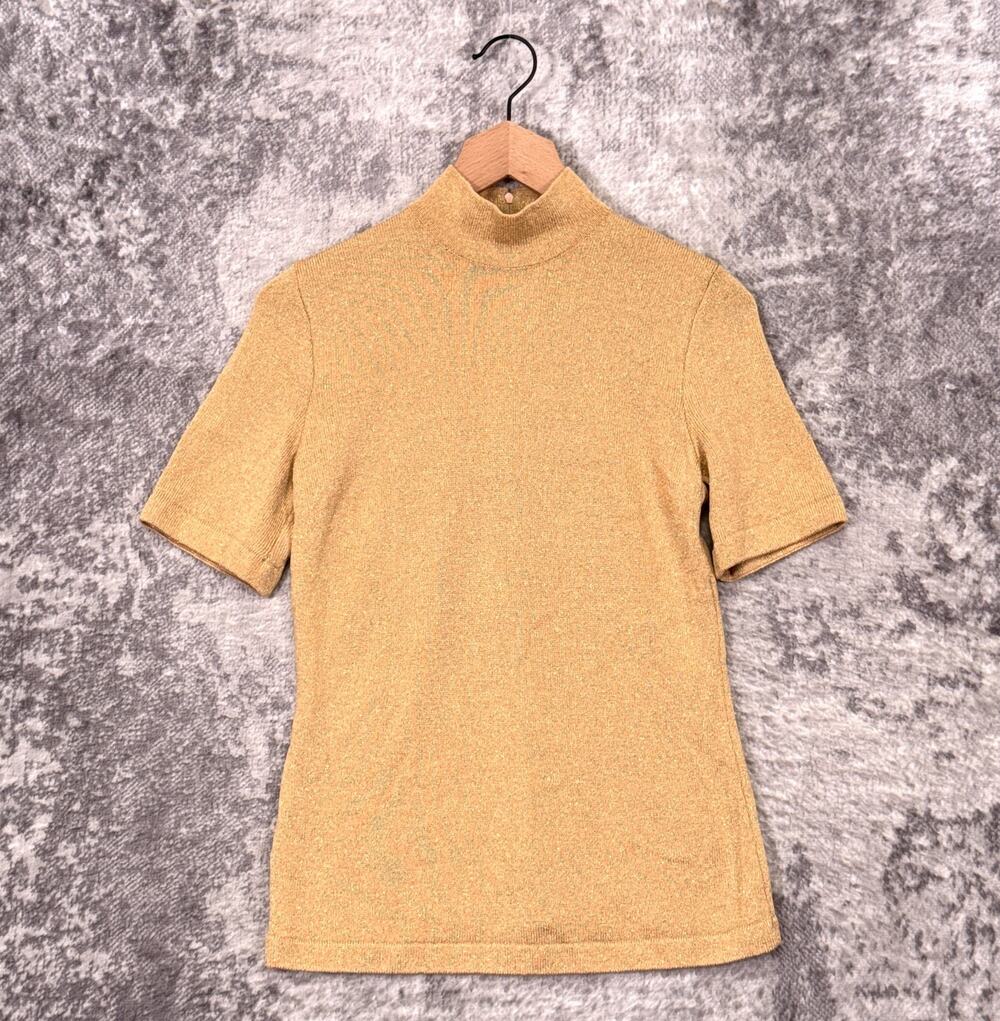 St John Top Small Womens Gold Metallic Santana Knit Short Sleeve Mock Neck